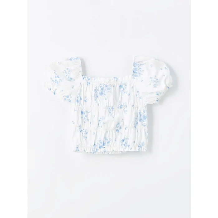LCW Kids Ekru Kare Yaka Çiçekli Kız Çocuk Crop Bluz
