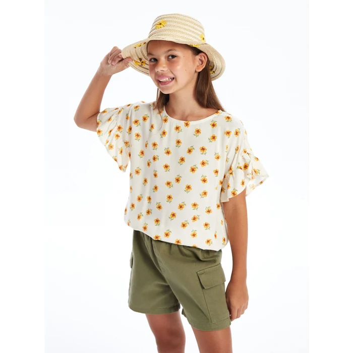 LCW Kids Ekru Bisiklet Yaka Çiçekli Kız Çocuk Bluz