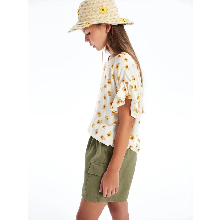 LCW Kids Ekru Bisiklet Yaka Çiçekli Kız Çocuk Bluz