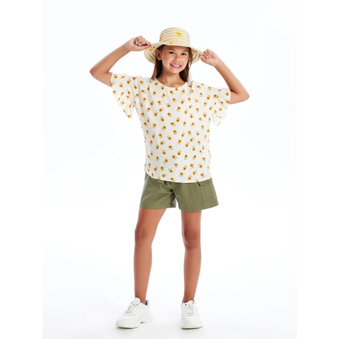 LCW Kids Ekru Bisiklet Yaka Çiçekli Kız Çocuk Bluz