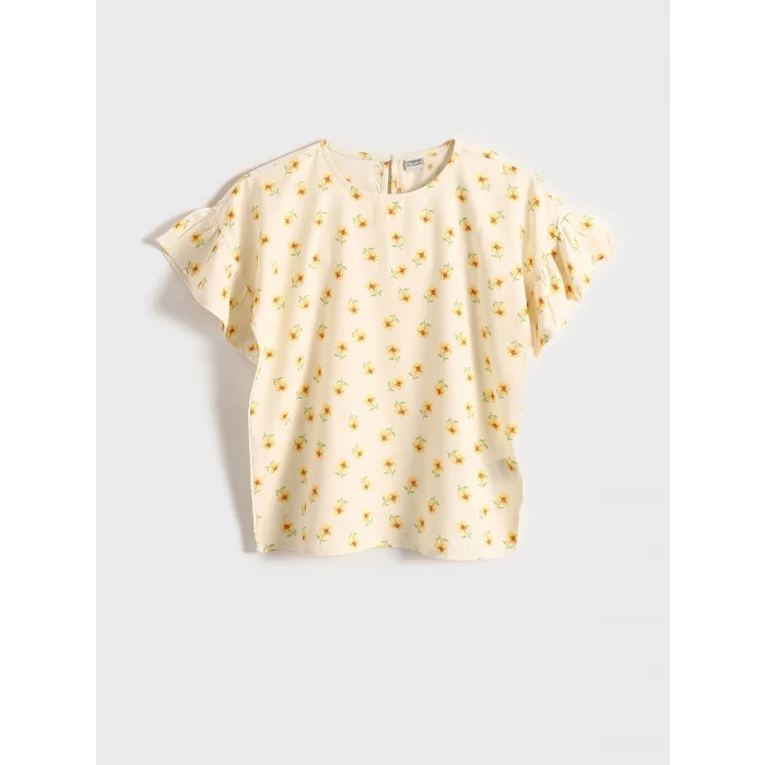 LCW Kids Ekru Bisiklet Yaka Çiçekli Kız Çocuk Bluz