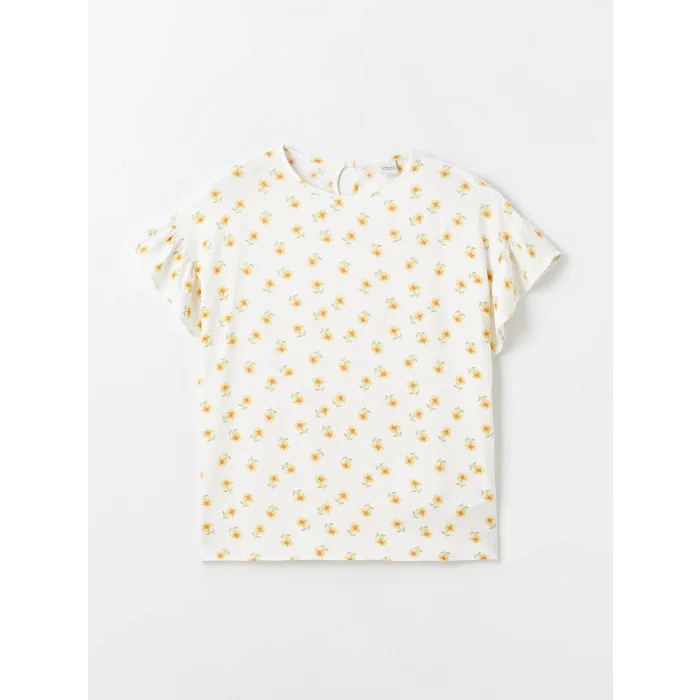 LCW Kids Ekru Bisiklet Yaka Çiçekli Kız Çocuk Bluz