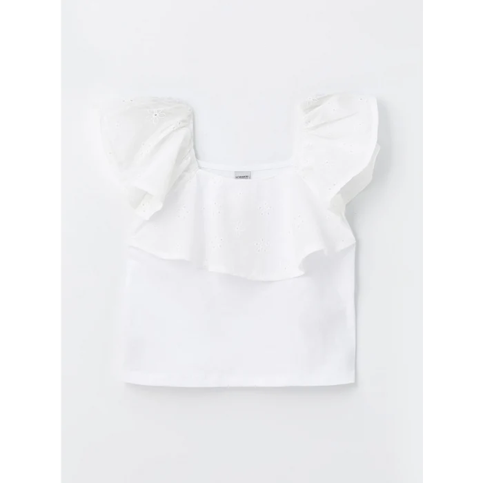 LCW Kids Beyaz Kare Yaka Fisto Detaylı Kız Çocuk Tişört