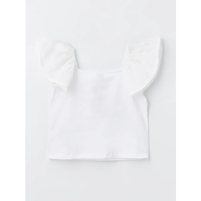 LCW Kids Beyaz Kare Yaka Fisto Detaylı Kız Çocuk Tişört