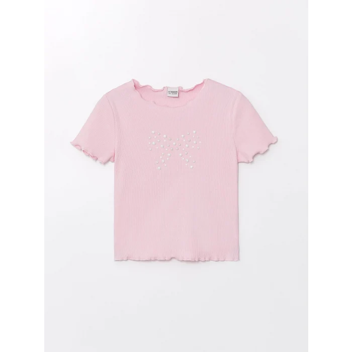 LCW Kids Pembe Bisiklet Yaka Kısa Kollu Kız Çocuk Tişört