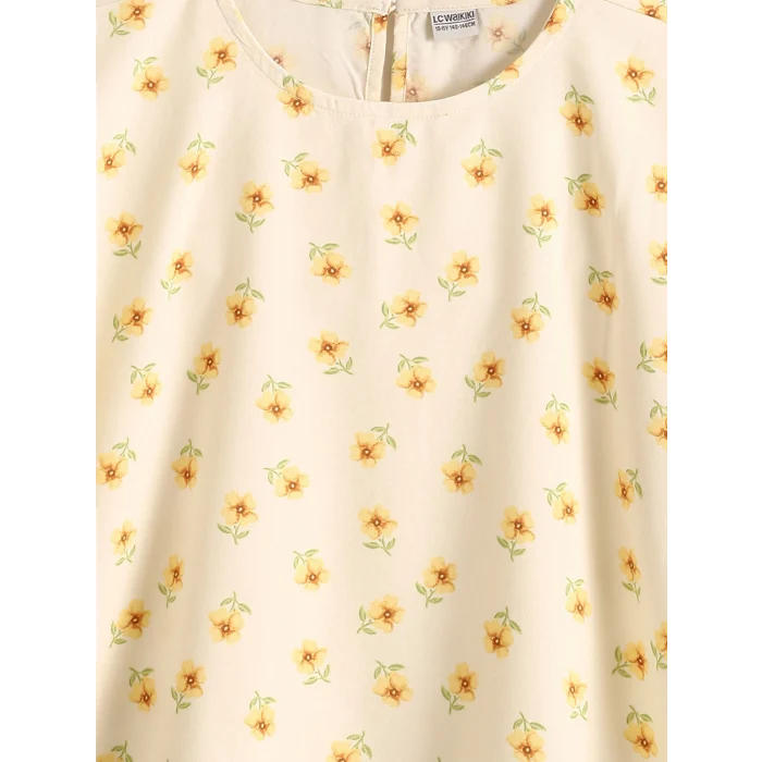 LCW Kids Ekru Bisiklet Yaka Çiçekli Kız Çocuk Bluz