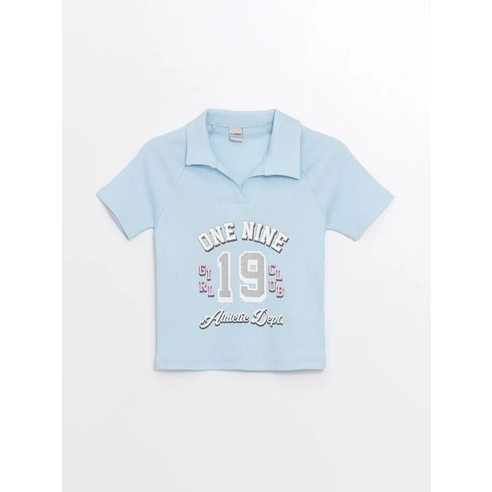 LCW Kids Mavi Polo Yaka Baskılı Kısa Kollu Kız Çocuk Tişört