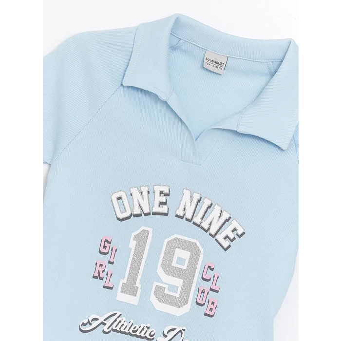 LCW Kids Mavi Polo Yaka Baskılı Kısa Kollu Kız Çocuk Tişört