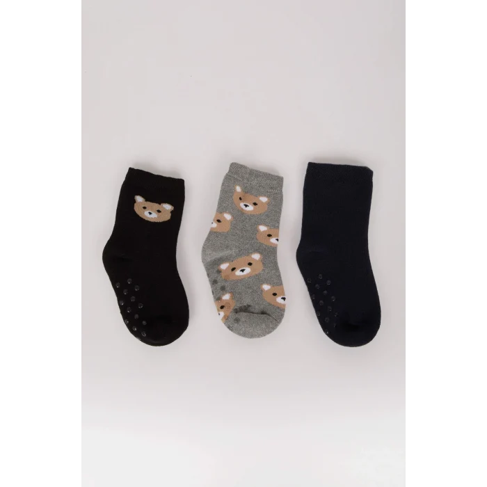 Defacto D2461A5KR1 Çok Renkli Kaydırmaz Taban 3lü Pamuklu Havlu Çorap Erkek Bebek