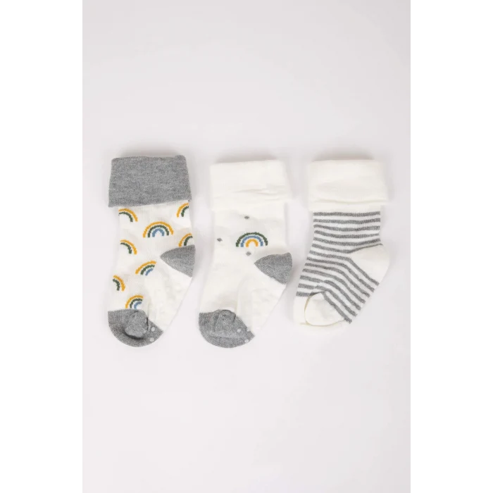 Defacto C9111A5WT1 Beyaz Erkek Bebek Dikişsiz 3lü Pamuklu Uzun Çorap