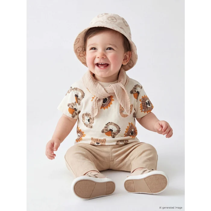 LCW baby Ekru Bisiklet Yaka Hayvan Baskılı Erkek Bebek Tişört ve Pantolon