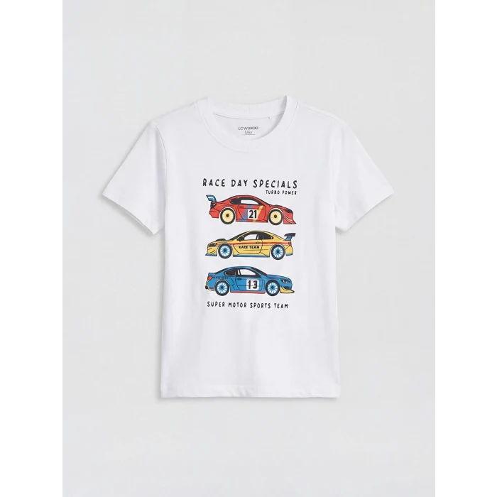 LCW Kids Beyaz Bisiklet Yaka Baskılı Erkek Çocuk Tişört