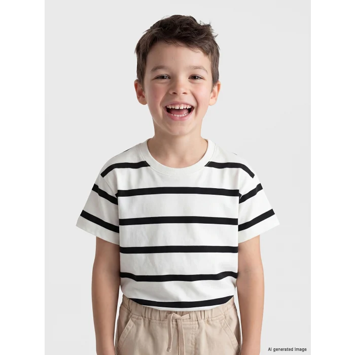 LCW Kids Ekru Bisiklet Yaka Çizgili Erkek Çocuk Tişört
