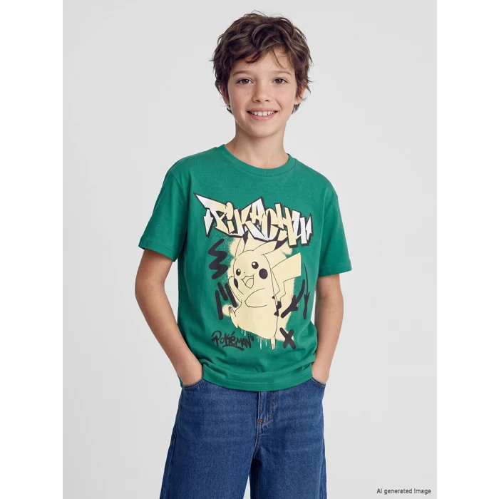 LCW Kids Yeşil Bisiklet Yaka Pikachu Baskılı Erkek Çocuk Tişört
