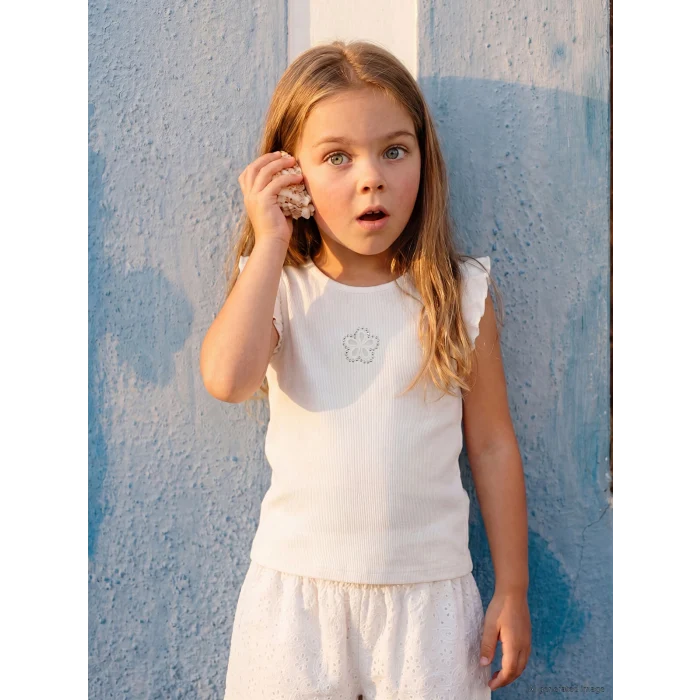 LCW Kids Beyaz Bisiklet Yaka Taşlı Kız Çocuk Atlet