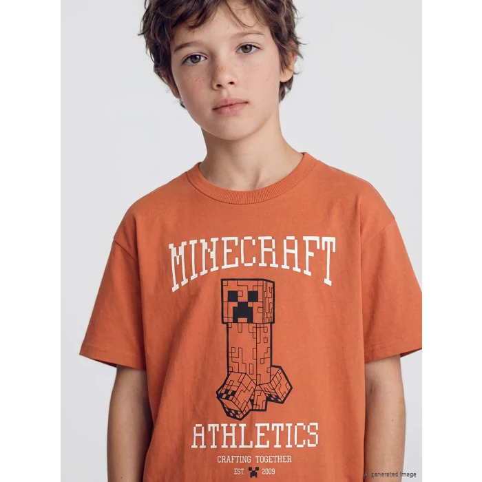 LCW Kids Turuncu Minecraft Baskılı Erkek Çocuk Tişört