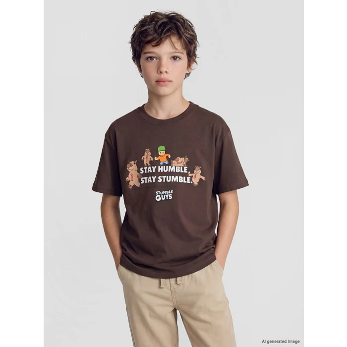LCW Kids Kahverengi Bisiklet Yaka Stumble Guys Baskılı Erkek Çocuk Tişört