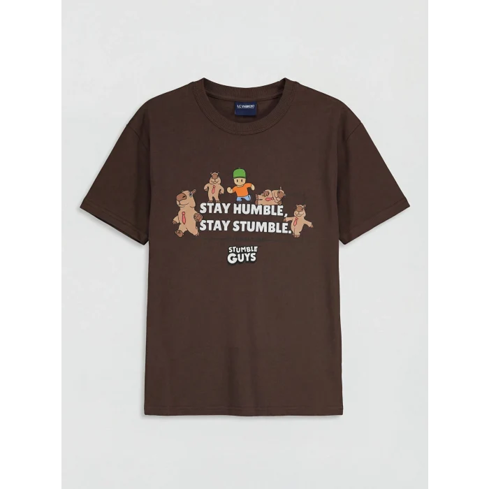 LCW Kids Kahverengi Bisiklet Yaka Stumble Guys Baskılı Erkek Çocuk Tişört