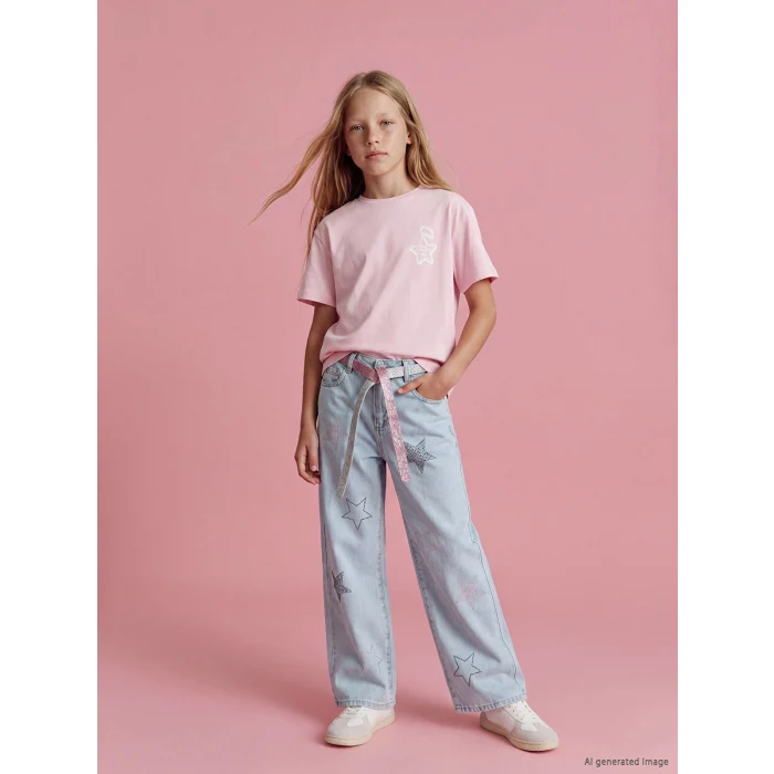 LCW Kids Mavi Wideleg Taş İşlemeli Kız Çocuk Jean Pantolon