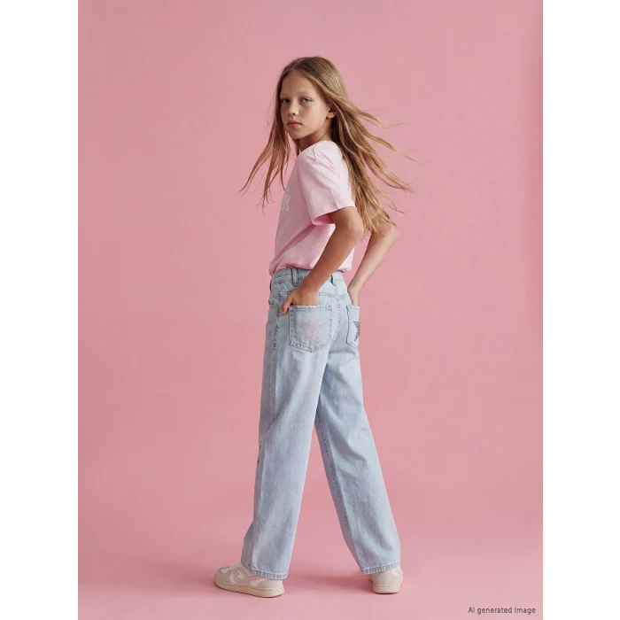 LCW Kids Mavi Wideleg Taş İşlemeli Kız Çocuk Jean Pantolon