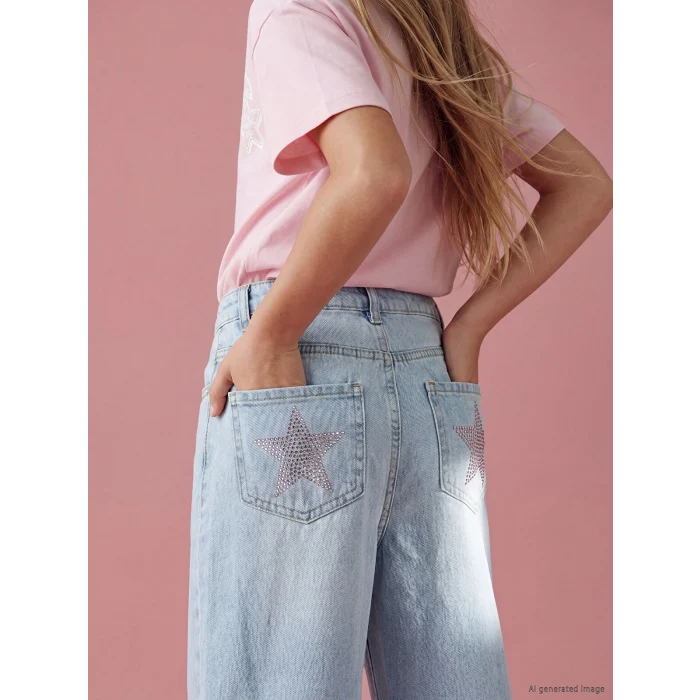 LCW Kids Mavi Wideleg Taş İşlemeli Kız Çocuk Jean Pantolon
