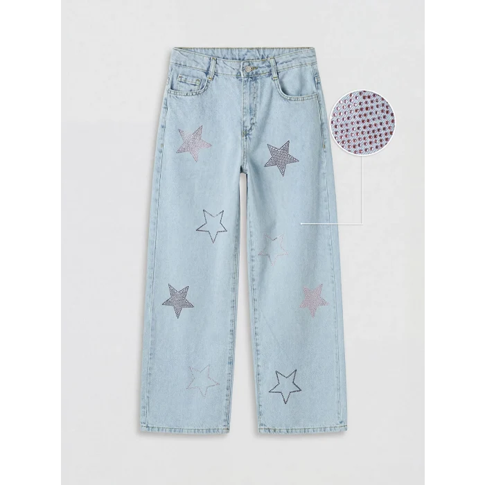 LCW Kids Mavi Wideleg Taş İşlemeli Kız Çocuk Jean Pantolon
