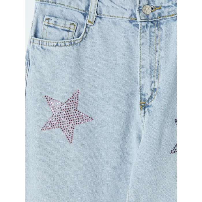 LCW Kids Mavi Wideleg Taş İşlemeli Kız Çocuk Jean Pantolon