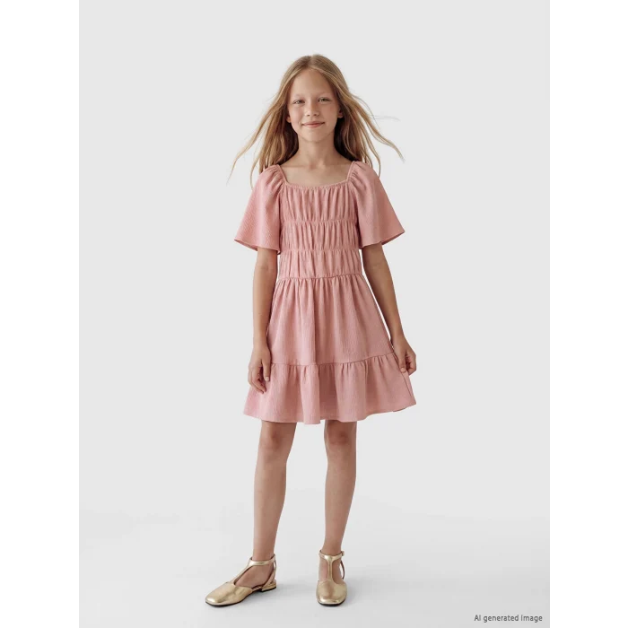 LCW Kids Pembe Büzgü Detaylı Katlı Kız Çocuk Elbise