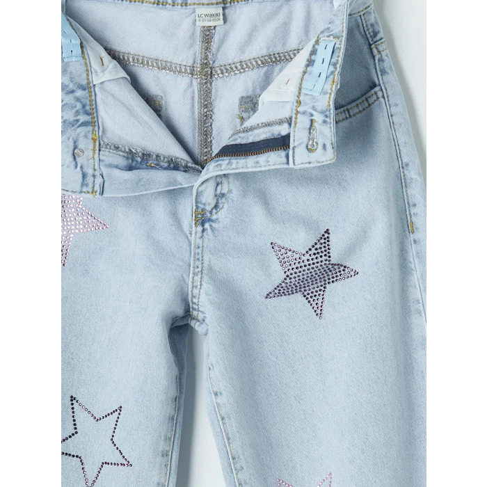 LCW Kids Mavi Wideleg Taş İşlemeli Kız Çocuk Jean Pantolon