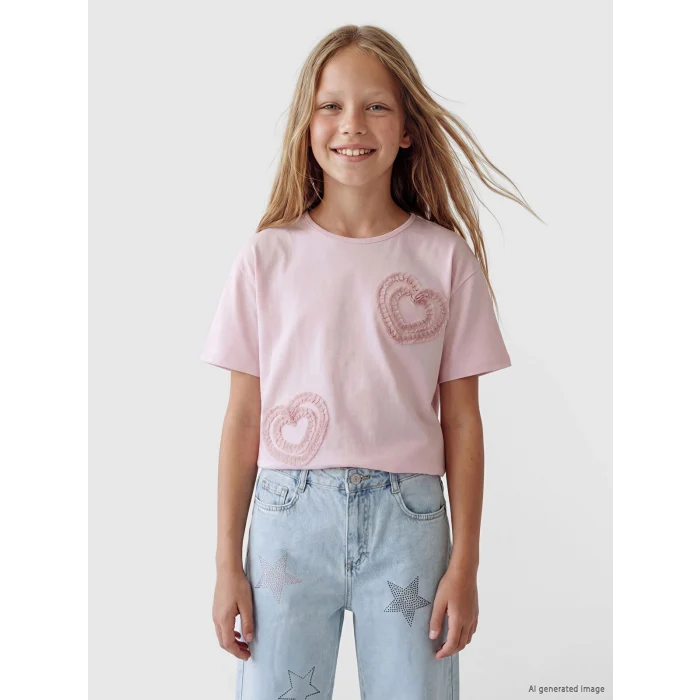 LCW Kids Pembe Bisiklet Yaka Nakışlı Kız Çocuk Tişört