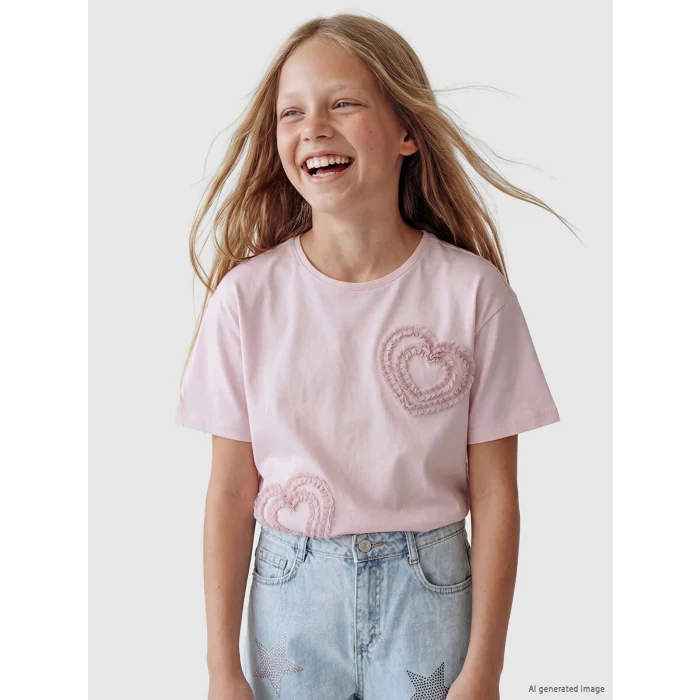 LCW Kids Pembe Bisiklet Yaka Nakışlı Kız Çocuk Tişört