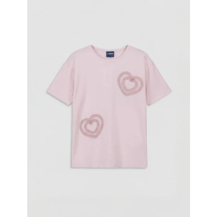 LCW Kids Pembe Bisiklet Yaka Nakışlı Kız Çocuk Tişört