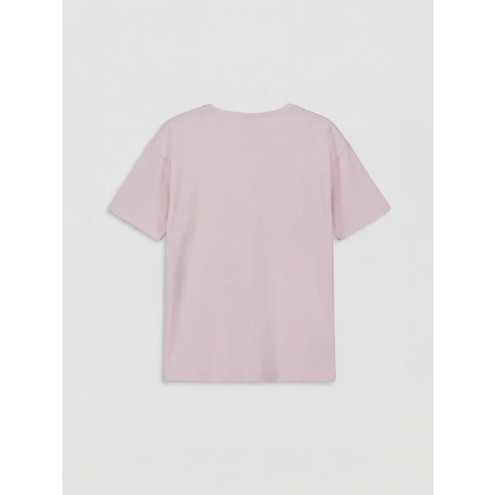 LCW Kids Pembe Bisiklet Yaka Nakışlı Kız Çocuk Tişört