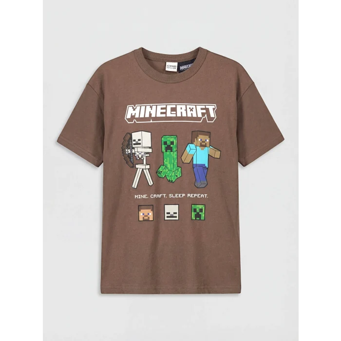 LCW Kids Kahverengi Bisiklet Yaka Minecraft Baskılı Erkek Çocuk Tişört