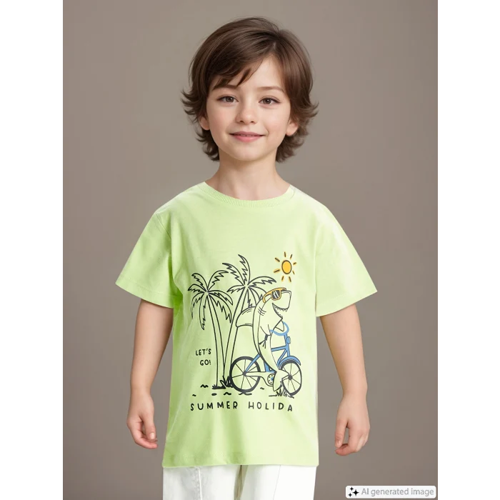 LCW Kids Yeşil Bisiklet Yaka Baskılı Erkek Bebek Tişört