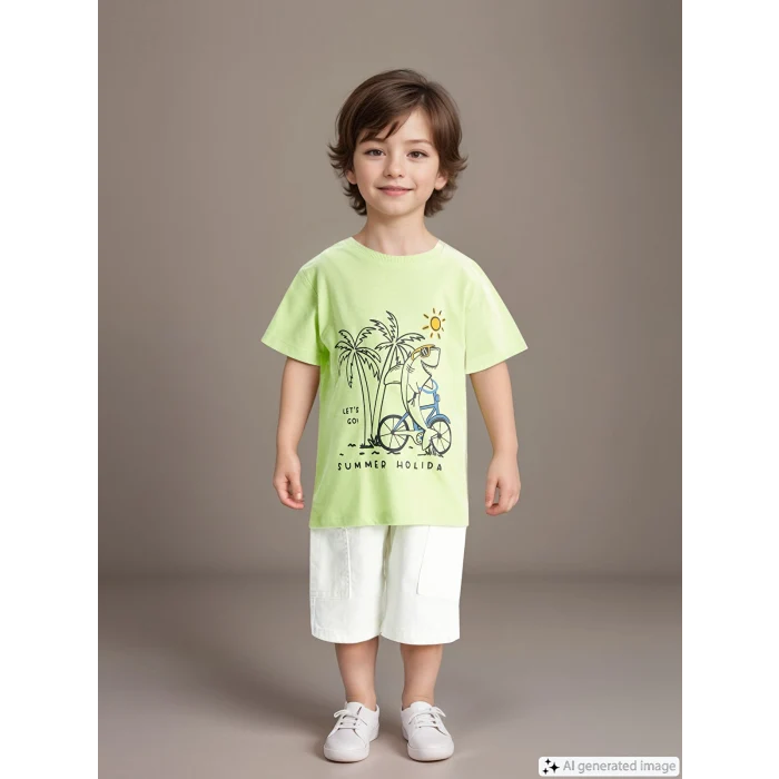 LCW Kids Yeşil Bisiklet Yaka Baskılı Erkek Bebek Tişört