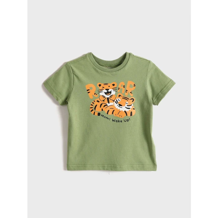 LCW Kids Yeşil Bisiklet Yaka Kısa Kollu Baskılı Erkek Bebek Tişört