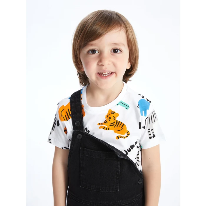 LCW Kids Beyaz Bisiklet Yaka Kısa Kollu Baskılı Erkek Bebek Tişört