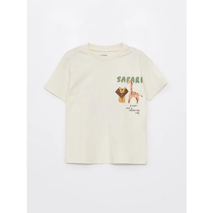 LCW Kids Bej Bisiklet Yaka Kısa Kollu Baskılı Erkek Bebek Tişört