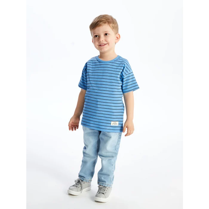 LCW Kids Mavi Bisiklet Yaka Kısa Kollu Çizgili Erkek Bebek Tişört