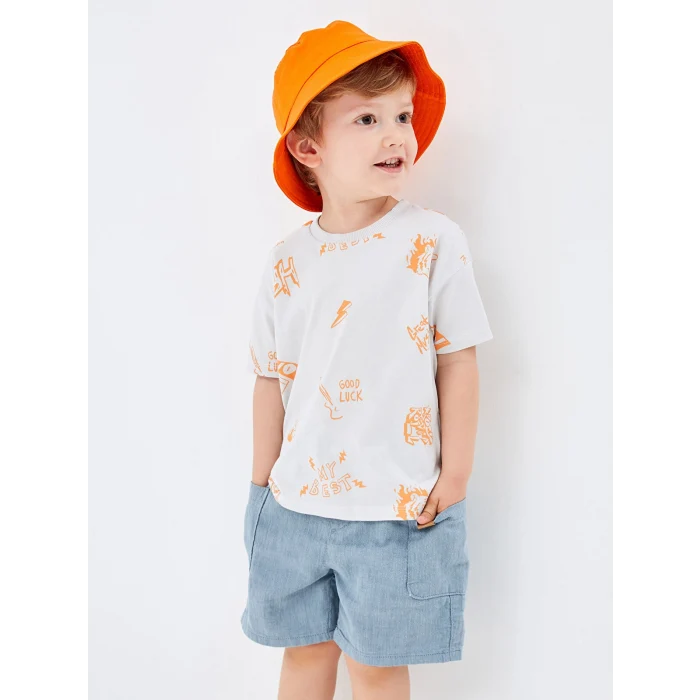 LCW Kids Gri Bisiklet Yaka Kısa Kollu Baskılı Erkek Bebek Tişört