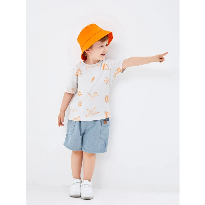 LCW Kids Gri Bisiklet Yaka Kısa Kollu Baskılı Erkek Bebek Tişört