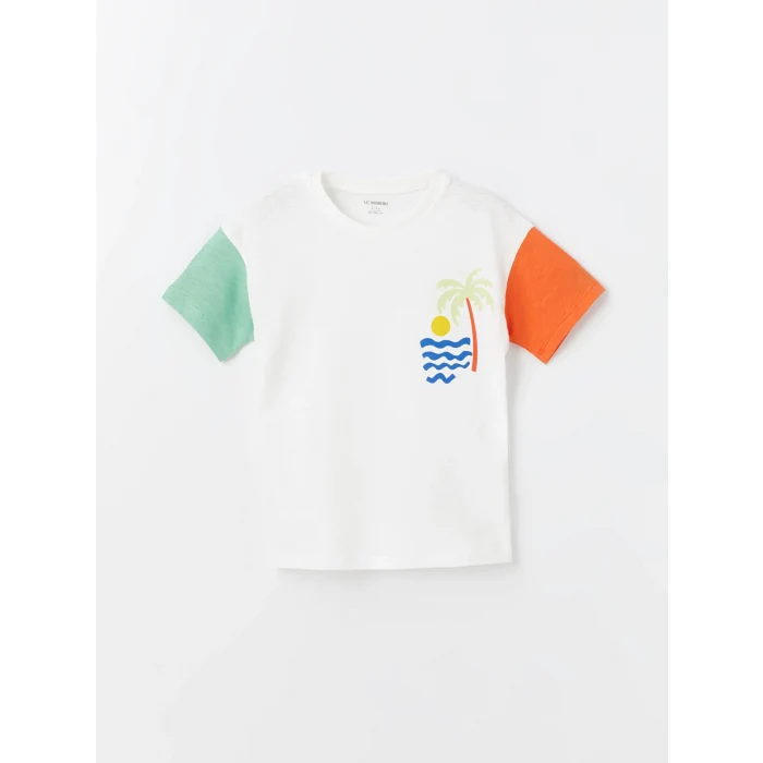 LCW Kids Beyaz Bisiklet Yaka Kısa Kollu Baskılı Erkek Bebek Tişört