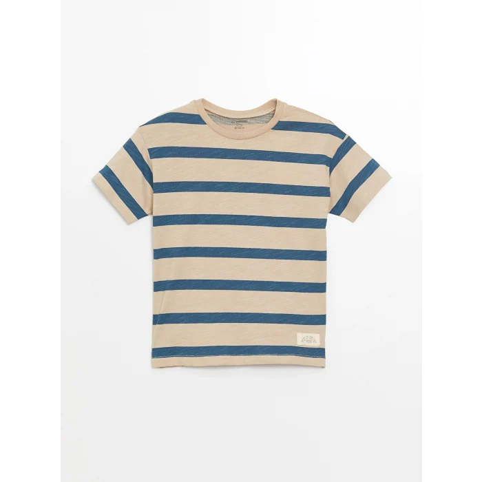 LCW Kids Bej Bisiklet Yaka Çizgili Erkek Bebek Tişört