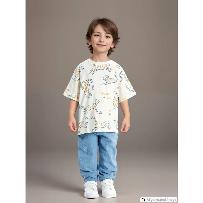 LCW Kids Bej Bisiklet Yaka Kısa Kollu Baskılı Erkek Bebek Tişört