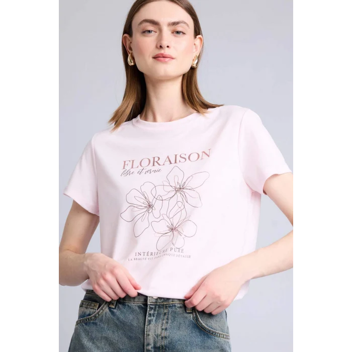 Defacto H7610AXPN671 Pembe Regular Fıt Bisiklet Yaka Floral Kısa Kollu Tişört