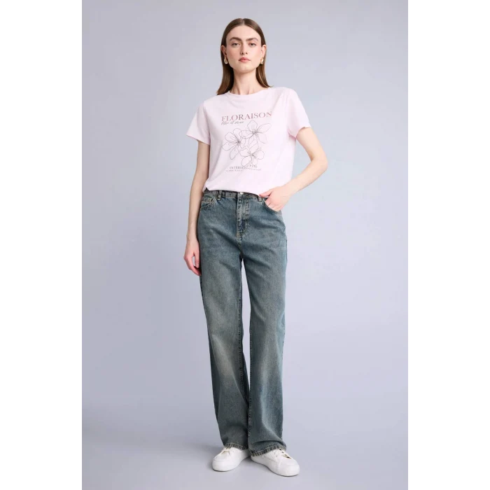 Defacto H7610AXPN671 Pembe Regular Fıt Bisiklet Yaka Floral Kısa Kollu Tişört