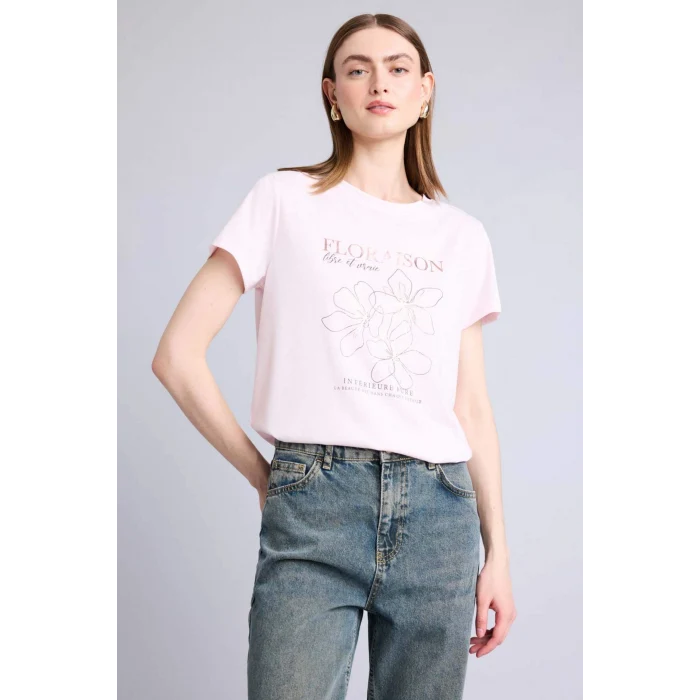 Defacto H7610AXPN671 Pembe Regular Fıt Bisiklet Yaka Floral Kısa Kollu Tişört