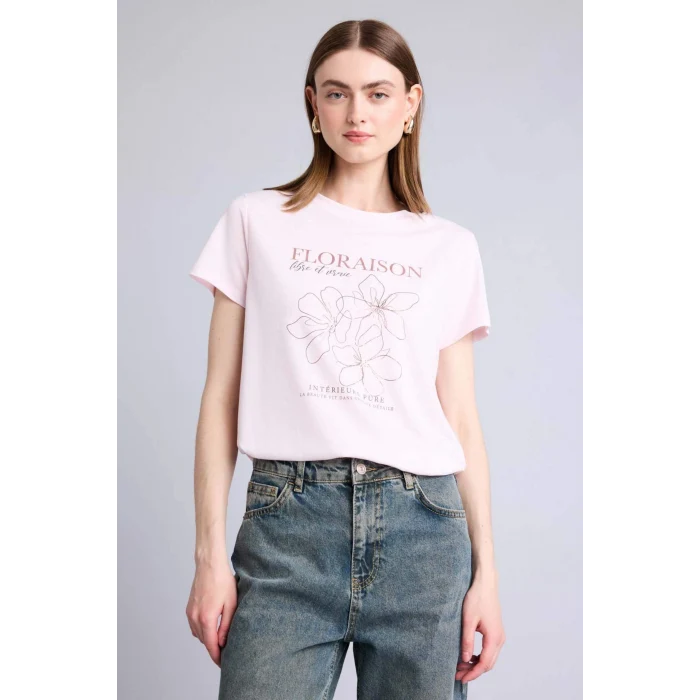 Defacto H7610AXPN671 Pembe Regular Fıt Bisiklet Yaka Floral Kısa Kollu Tişört