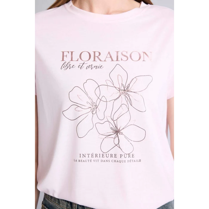 Defacto H7610AXPN671 Pembe Regular Fıt Bisiklet Yaka Floral Kısa Kollu Tişört